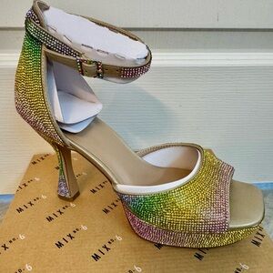 NWT- Mix No. 6 Rainbow Pastel Rhinestone Platform Heels, size 8.5M